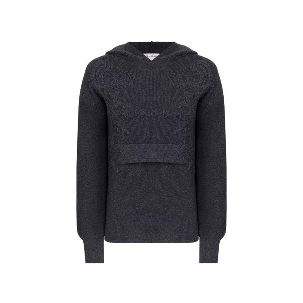 ERMANNO SCERVINO sivi ženski džemper sa čipkom i kapom