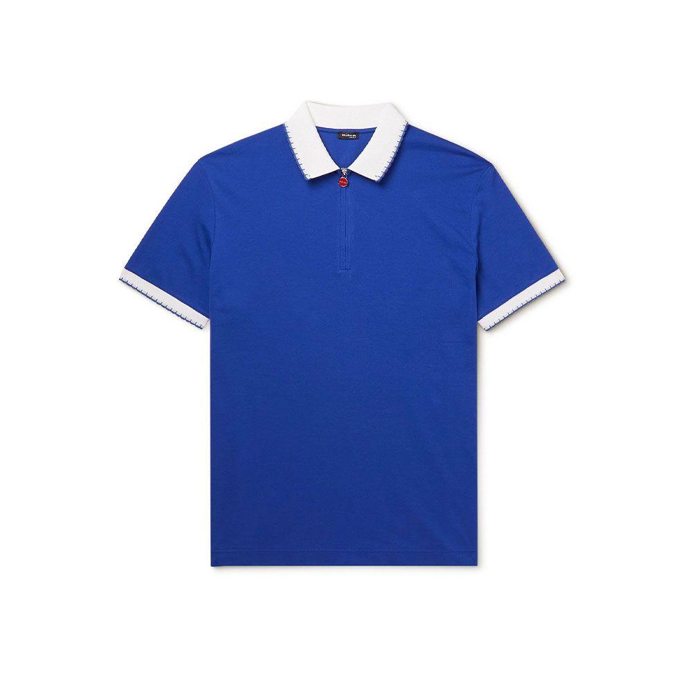 KITON indigo plava polo muška majica sa bijelim okovratnikom i manžetnama