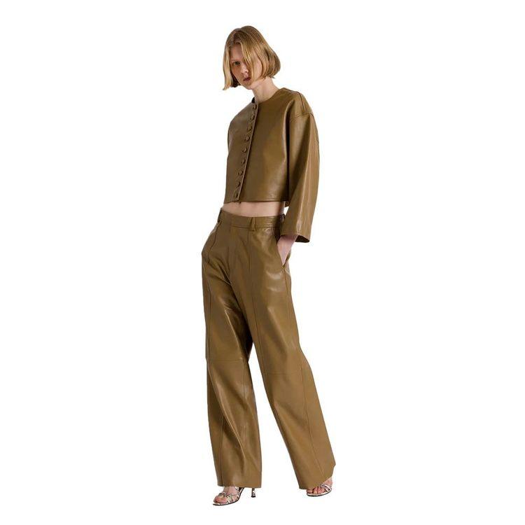 ALBERTA FERRETTI maslinaste široke kožne pantalone