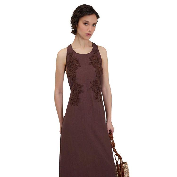 ERMANNO SCERVINO braon duga lepršava haljina sa čipkanim vezom