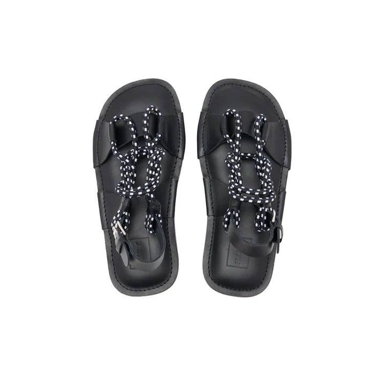 PLAN C crne kožne ženske sandale sa teget-bijelim knapom