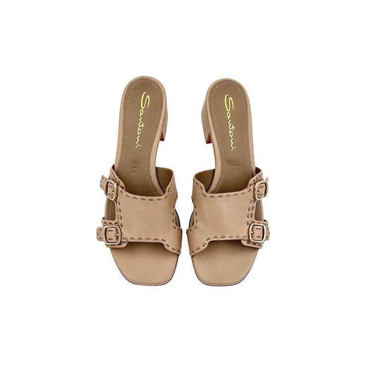 SANTONI Double Buckle tamno bež ženske papuče