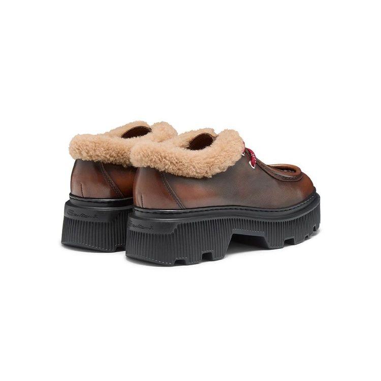 SANTONI ženske braon kožne cipele sa pertlama i krznenim detaljem