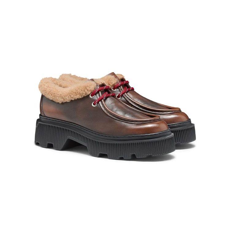 SANTONI ženske braon kožne cipele sa pertlama i krznenim detaljem