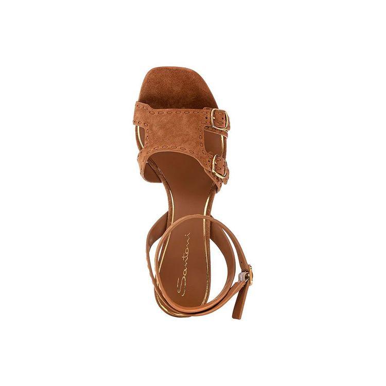 SANTONI Double Buckle kamel ženske sandale od brušene kože